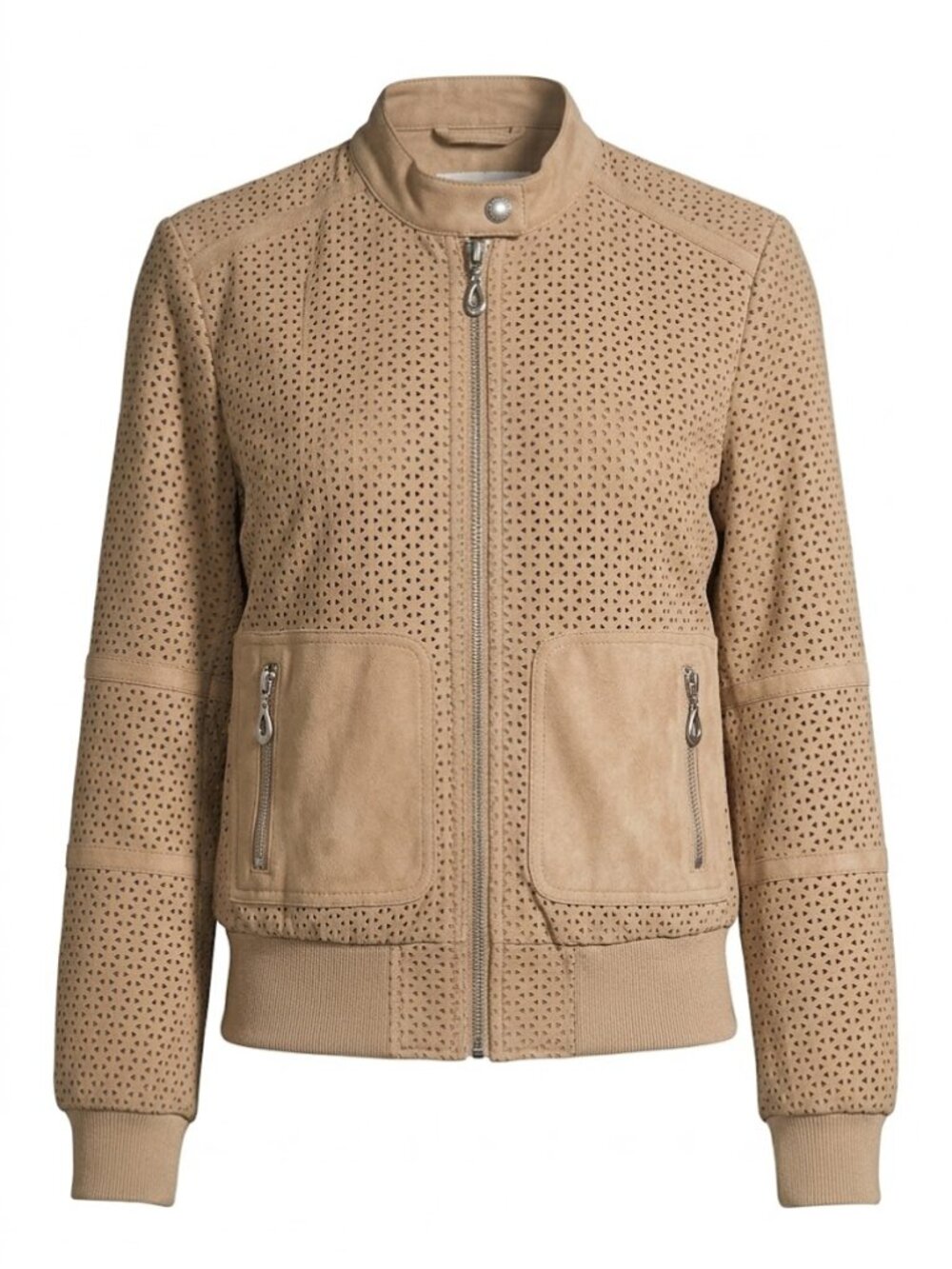 Tan Faux Suede Laser Cut Bomber Jacket Women XS Perforated Boho Chic Moto Zip